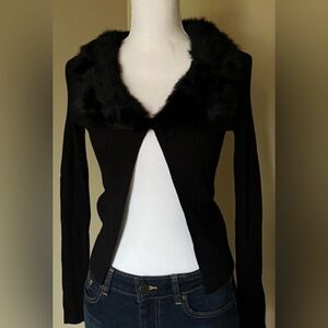 Black Faux Fur Collar Ribbed Knit Cardigan from London